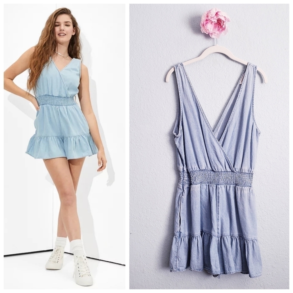 American Eagle Outfitters Light Blue V-Neck Smocked Waist Romper